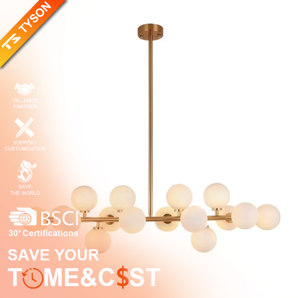 A modern light luxury style linear molecular ball chandelier, featuring a gold metal frame paired with multiple milky white glass glowing spheres of varying sizes, shaped like a star cluster or molecular structure suspended in space. It emits a soft and uniform glow when lit, combining decorative appeal with practical illumination, ideal for creating a minimalist and sophisticated space atmosphere.