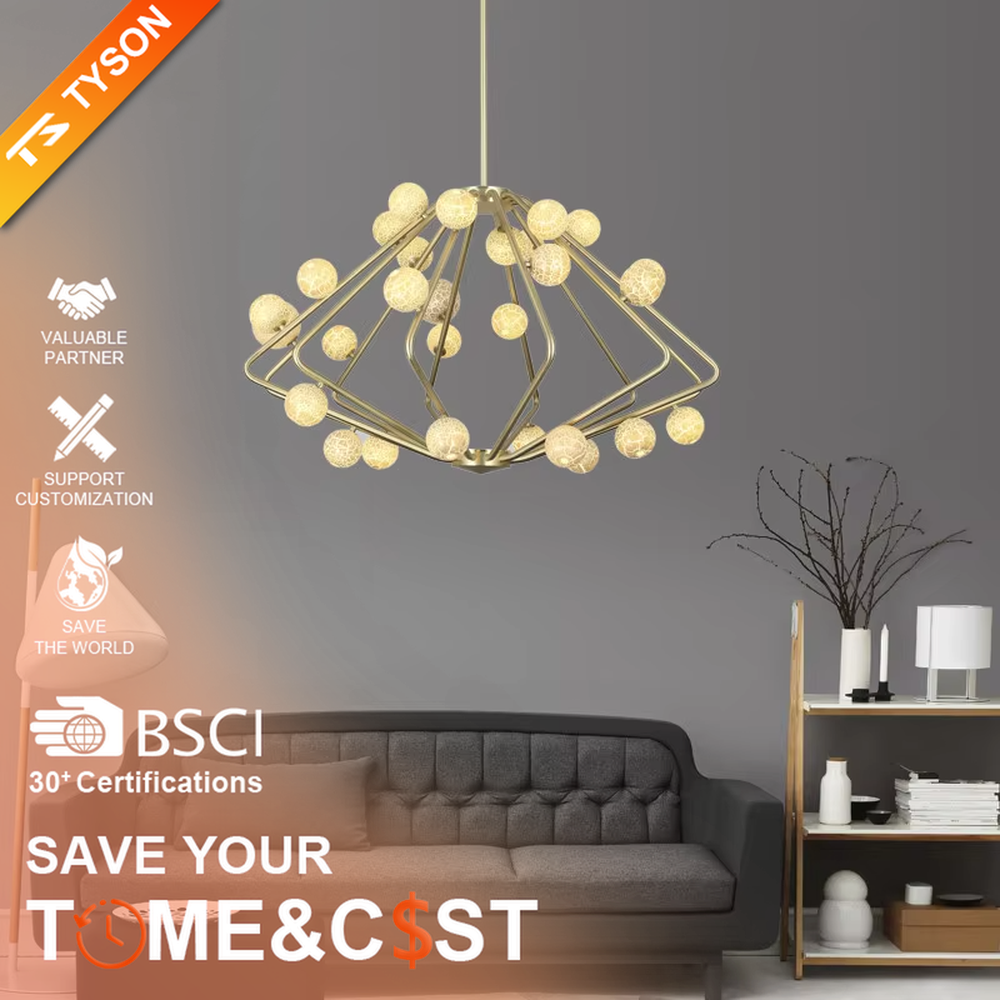 This light luxury rhombus cluster chandelier features a rhombus polyhedron frame made of gold metal, paired with white spherical lampshades, with soft and dreamy light, serving both lighting and decorative purposes, suitable for modern light luxury spaces such as living rooms and dining rooms.