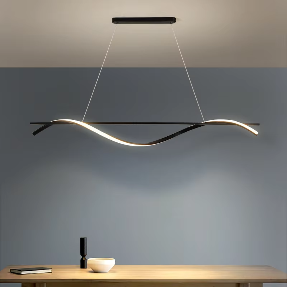 A modern minimalist wave-shaped linear LED chandelier, featuring a black metal frame with built-in soft LED strips, shaped like flowing water wave lines, combining lighting and decorative functions, ideal for creating a minimalist and sophisticated space atmosphere.