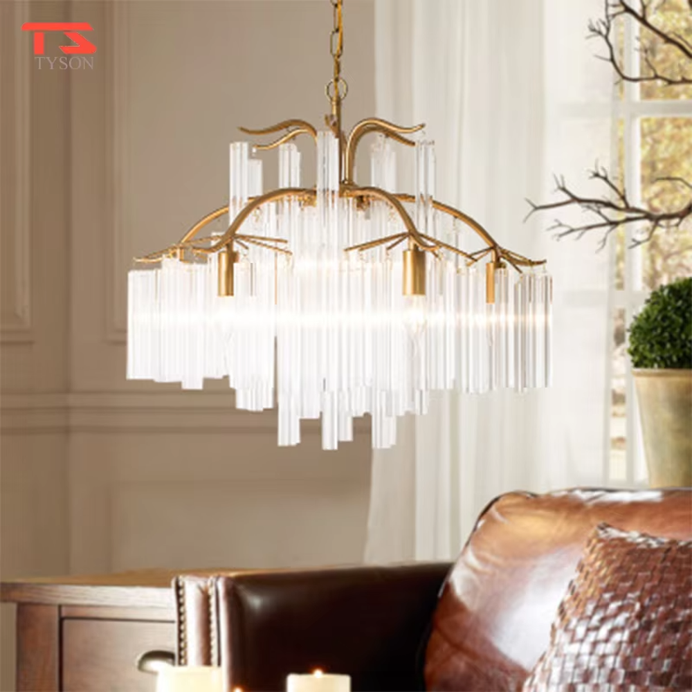 This light luxury golden branch cloud waterfall chandelier features a cloud shape made of golden branch-like metal frames and transparent crystal strips, with light refracting a soft halo through the crystals, serving both lighting and decorative purposes, suitable for modern light luxury spaces such as living rooms and dining rooms.
