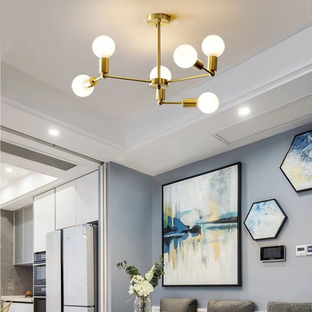 Modern light luxury molecular ball semi-flush mount ceiling light, with a golden metal frame and milky white glass ball lampshades, featuring a flexible and minimalist shape, soft and uniform light, combining decorative and lighting functions, suitable for living rooms, dining rooms, small-sized modern style spaces.