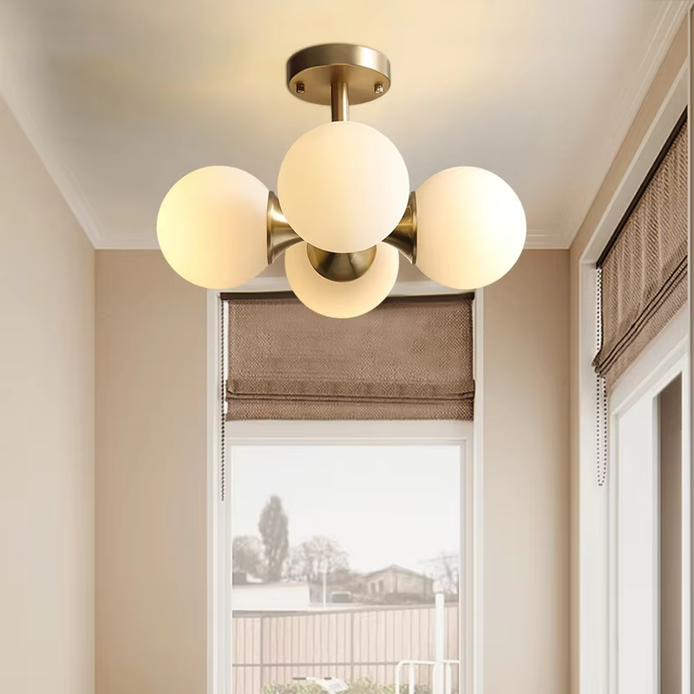 Modern minimalist molecular ball semi-flush mount ceiling light, with a golden metal frame and milky white glass ball lampshades, featuring soft and uniform light, combining decorative and lighting functions, suitable for bedrooms, studies, small living rooms and other modern style spaces with low floor heights.