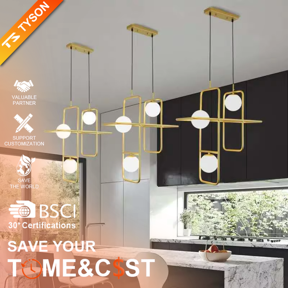 A modern minimalist style geometric line chandelier, featuring an asymmetric frame made of gold metal paired with milky white glowing spheres, combining decorative appeal with practical illumination, ideal for creating a minimalist and sophisticated space atmosphere.