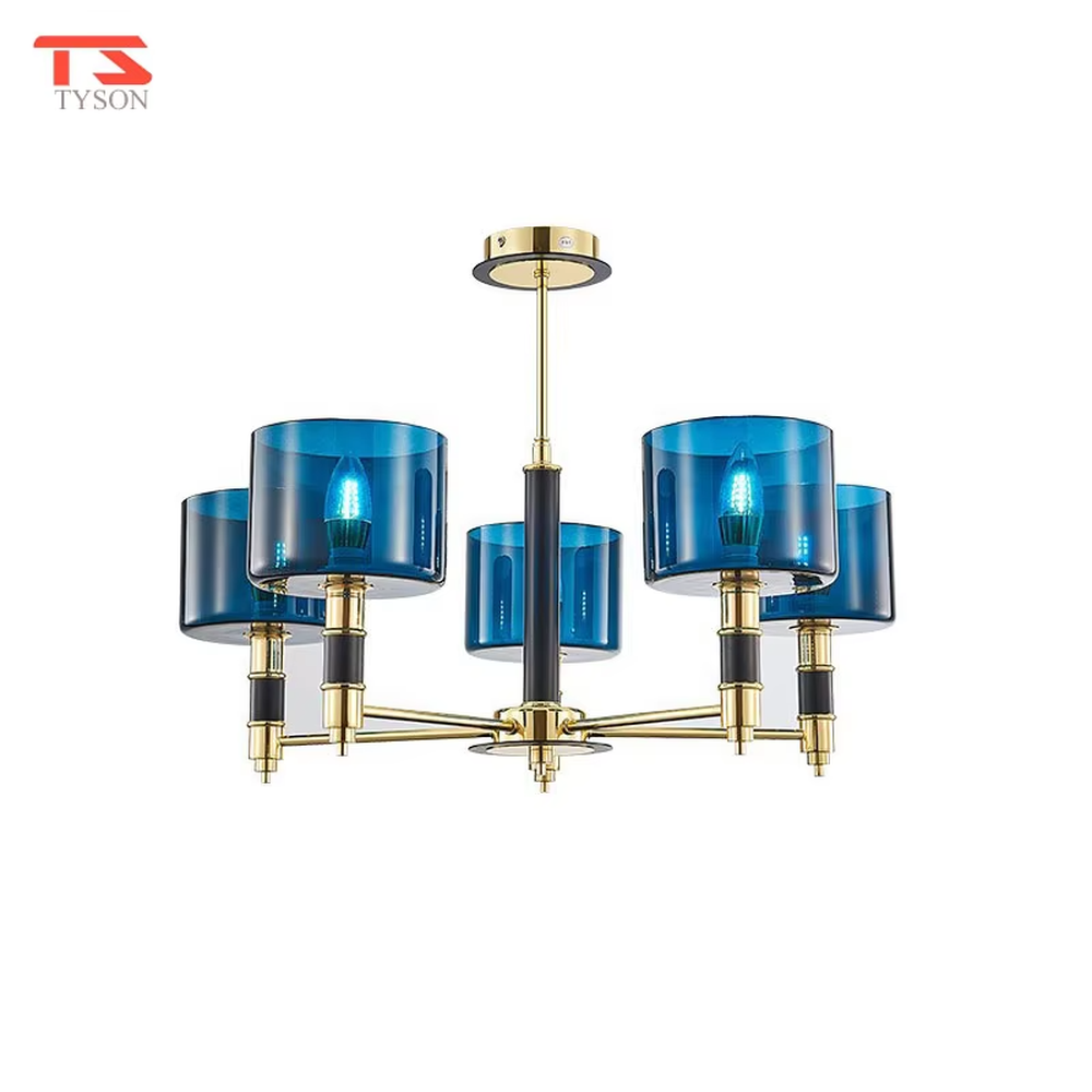 Modern light luxury black-gold contrasting chandelier, with a golden metal frame paired with black decorations and blue transparent glass lampshades, featuring a minimalist and elegant shape, combining decorative and lighting functions, suitable for living rooms, dining rooms, high-end clubs and other modern style spaces.