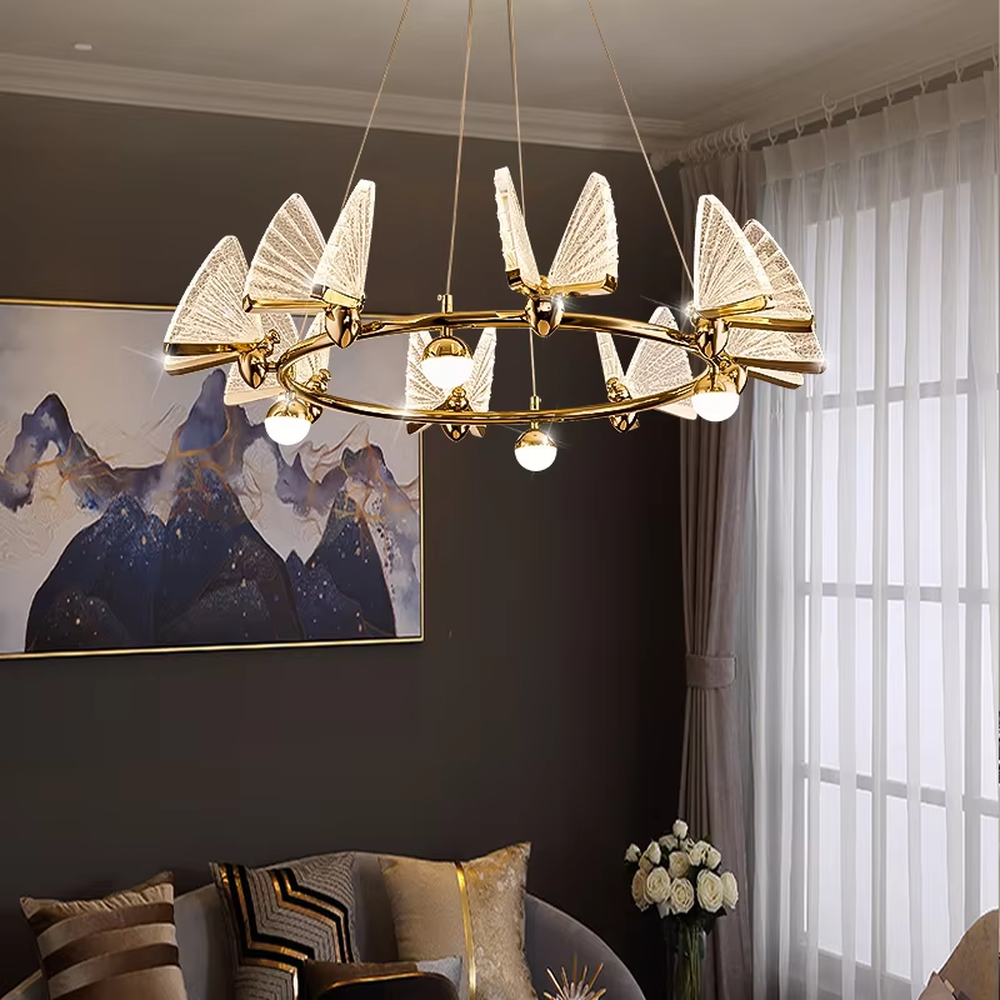 This is a light luxury artistic butterfly wing chandelier, featuring a gold metal circular frame paired with colorful gold glass butterfly wing decorations, with built-in spherical light sources. It emits brilliant and dynamic light, serving both lighting and decorative purposes, suitable for light luxury living rooms, dining rooms, high-end clubs, showrooms and other scenarios.