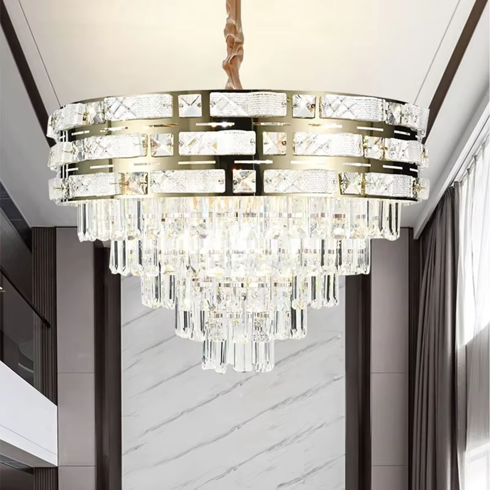 This is a luxurious multi-layer round crystal chandelier, with a gold metal frame inlaid with cut crystal decorations and cascading crystal strips hanging below, featuring brilliant and soft light, both decorative and lighting functions, ideal for high-end indoor spaces such as living rooms and dining rooms.