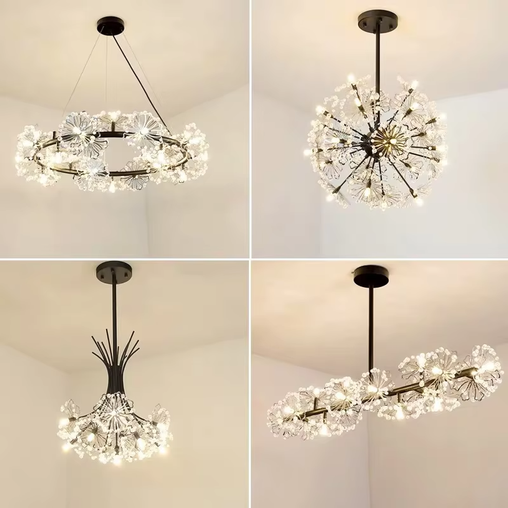This modern artistic dandelion chandelier features a black metal branch frame, paired with transparent light-emitting lamp heads to present a visual effect of dandelion blooming. The light is soft and brilliant, serving both lighting and decorative purposes, suitable for modern minimalist or artistic style spaces such as bedrooms and living rooms.

