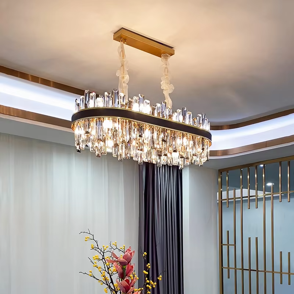 Modern light luxury double-layer ring crystal chandelier, with a golden metal frame and layered transparent crystal strips hanging down, featuring bright and soft light, combining decorative and lighting functions, suitable for living rooms, dining rooms, villas and other light luxury style spaces.
