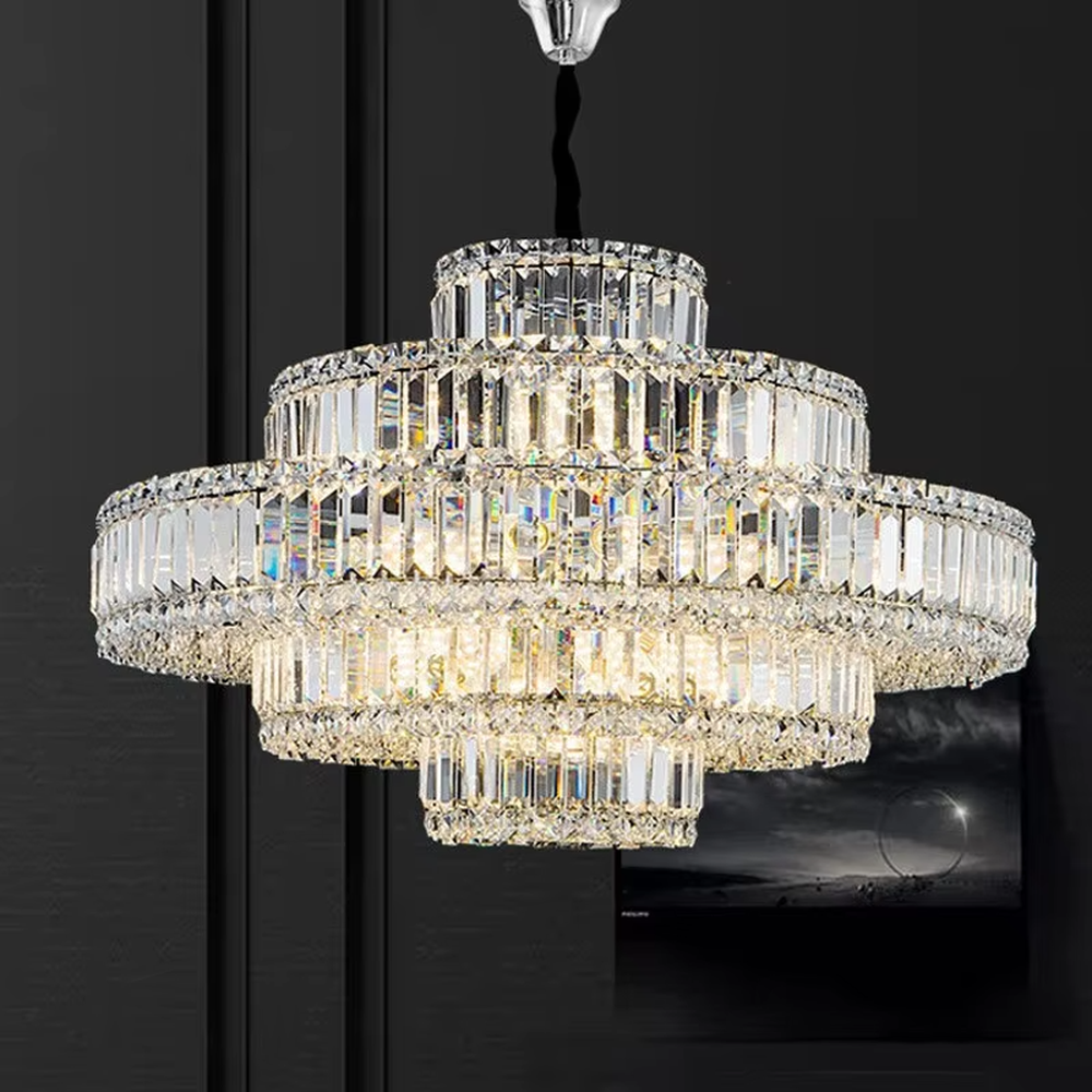 This is a luxurious multi-layer pagoda-shaped crystal chandelier, supported by a gold metal frame with high-transparency crystal strips, creating a brilliant and dazzling light effect through staggered layers, with both decorative and lighting functions, ideal for high-end indoor spaces such as villa living rooms and hotel lobbies.