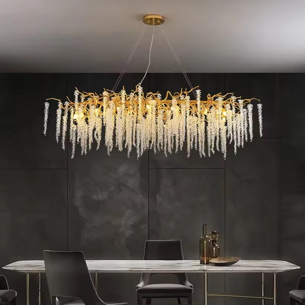 Modern Luxury Branch-Shaped Crystal Chandelier, Gold Metal Frame with Cascading Crystal Tassels, Serves Both Lighting and Decorative Purposes, Ideal for Dining Rooms, Living Rooms, Villas, High-End Clubs, etc.