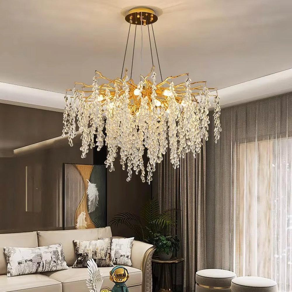 Modern Luxury Branch-Shaped Crystal Chandelier, Gold Metal Frame with Cascading Crystal Tassels, Serves Both Lighting and Decorative Purposes, Ideal for Dining Rooms, Living Rooms, Villas, High-End Clubs, etc.