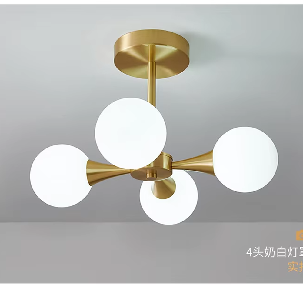 Modern minimalist molecular ball semi-flush mount ceiling light, with a golden metal frame and milky white glass ball lampshades, featuring soft and uniform light, combining decorative and lighting functions, suitable for bedrooms, studies, small living rooms and other modern style spaces with low floor heights.