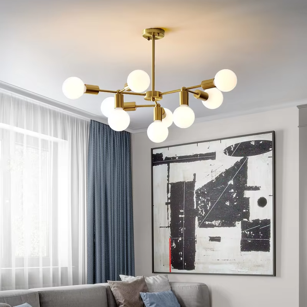 Modern light luxury molecular ball semi-flush mount ceiling light, with a golden metal frame and milky white glass ball lampshades, featuring a flexible and minimalist shape, soft and uniform light, combining decorative and lighting functions, suitable for living rooms, dining rooms, small-sized modern style spaces.