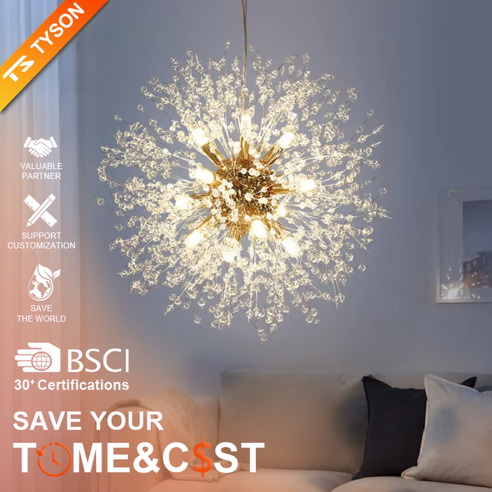 This is a modern light luxury dandelion firework-shaped chandelier, featuring a gold metal core paired with radial crystal branches, as brilliant and dynamic as a blooming firework. It emits soft and warm light, serving both lighting and artistic decoration purposes, suitable for light luxury dining rooms, open kitchen islands, bars, internet-famous homestays and other scenarios.
