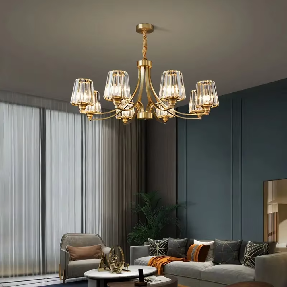 Modern Light Luxury Branch Crystal Chandelier, Gold Metal Frame with Transparent Ribbed Crystal Shades, Serves Both Lighting and Decorative Purposes, Ideal for Living Rooms, Dining Rooms, Villas and Other Light Luxury Spaces.