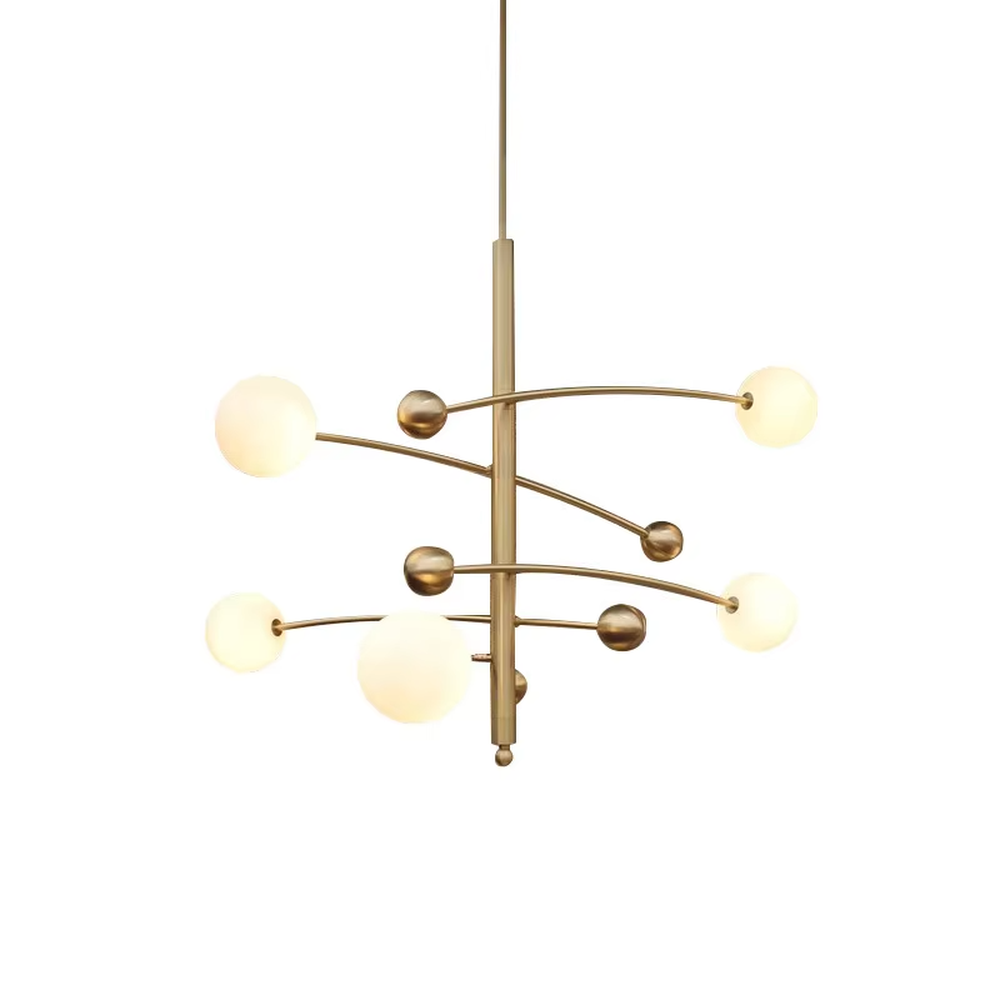 Modern light luxury molecular structure chandelier, with a golden metal frame and milky white glass ball lampshades, featuring flexible and lightweight lines, soft and uniform light, combining decorative and lighting functions, suitable for dining rooms, living rooms, light luxury style spaces.