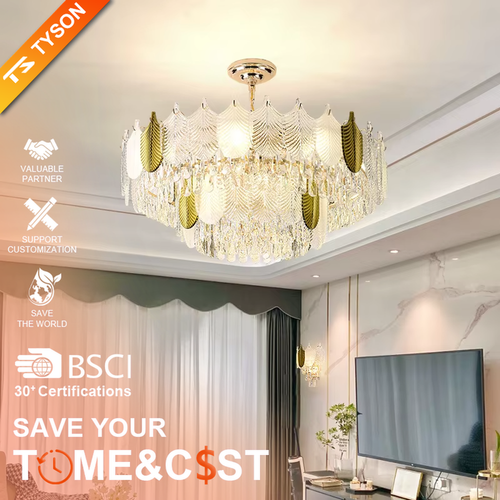 This light luxury leaf crystal chandelier features a gold metal frame paired with leaf-shaped liuli ornaments and drooping crystal tassels, with light refracting a brilliant halo through the crystals, serving both lighting and decorative purposes, suitable for modern light luxury spaces such as living rooms and dining rooms.