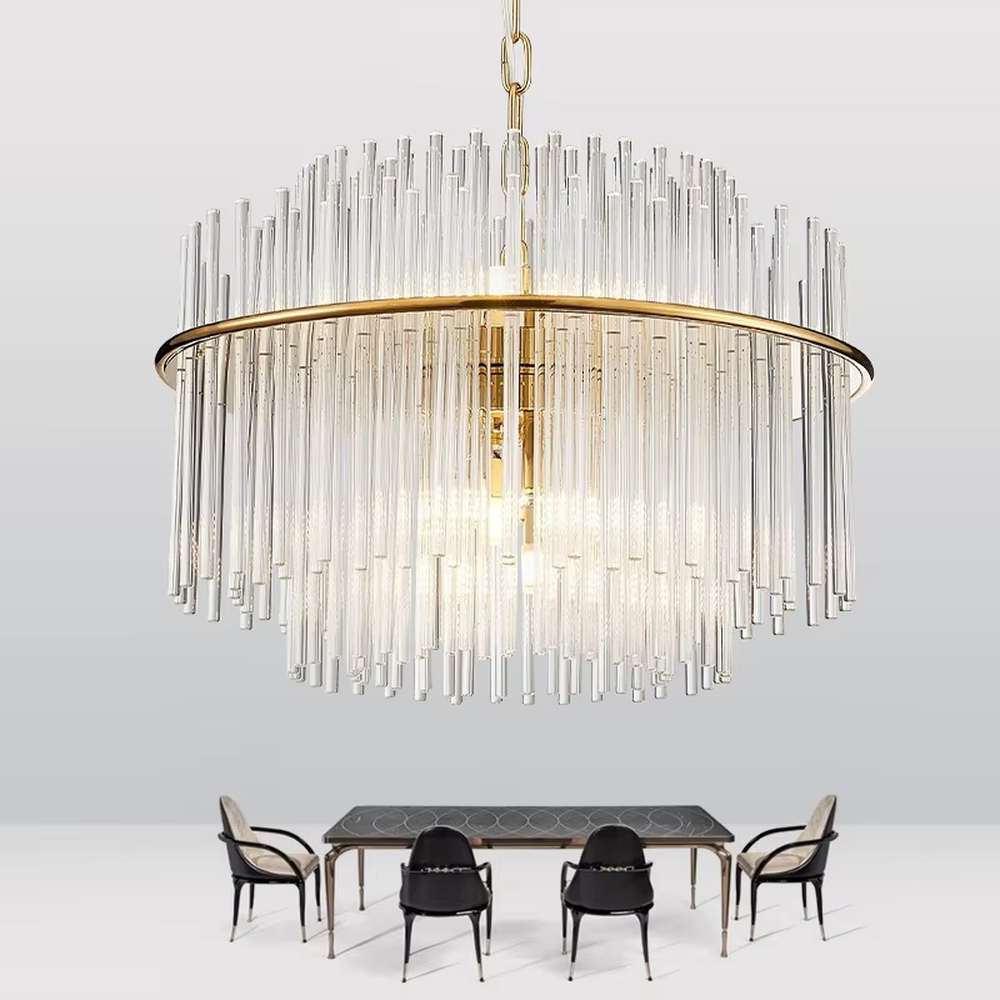 Modern Light Luxury Round Crystal Strip Chandelier, Gold metal ring frame with suspended transparent crystal strips, serves both lighting and decorative purposes, ideal for dining rooms, living rooms, hotel lobbies, high-end clubs, etc.