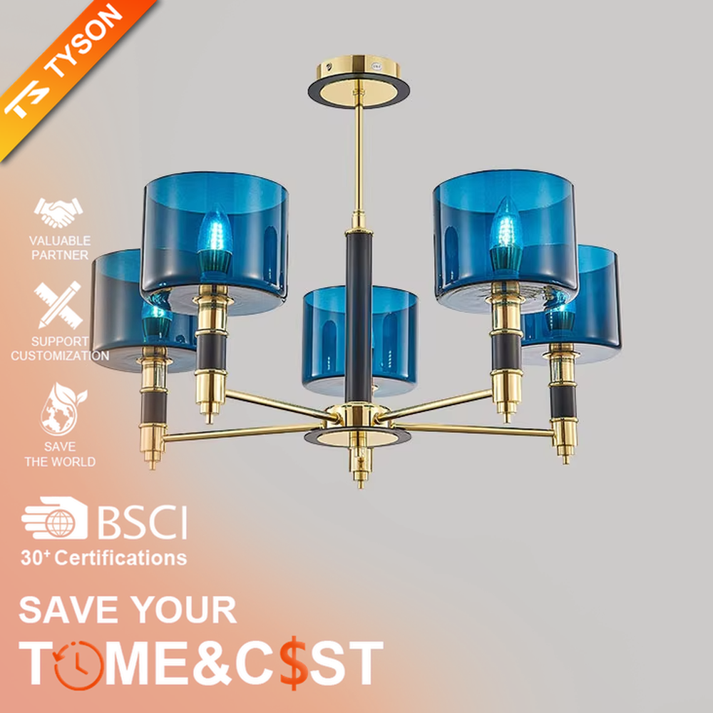 Modern light luxury black-gold contrasting chandelier, with a golden metal frame paired with black decorations and blue transparent glass lampshades, featuring a minimalist and elegant shape, combining decorative and lighting functions, suitable for living rooms, dining rooms, high-end clubs and other modern style spaces.
