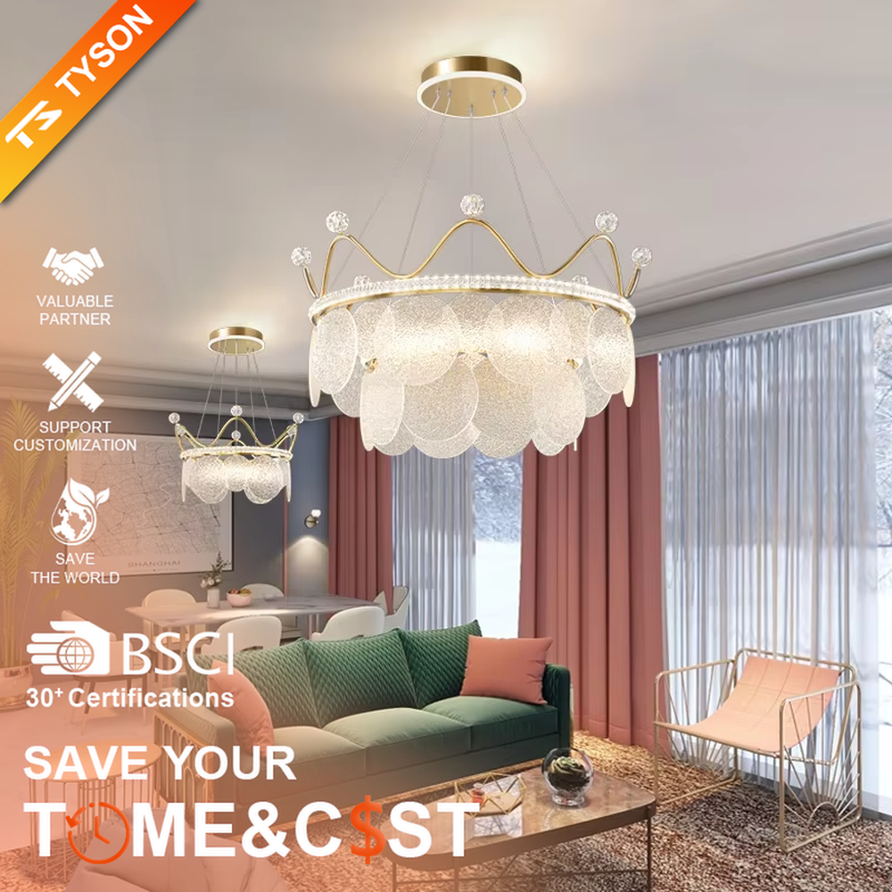 A light luxury princess-style crown-shaped chandelier, featuring a gold metal crown frame paired with crystal decorations and glowing glass lampshades. It emits a brilliant yet soft glow when lit, combining decorative appeal with practical illumination, ideal for creating a romantic and dreamy space atmosphere.