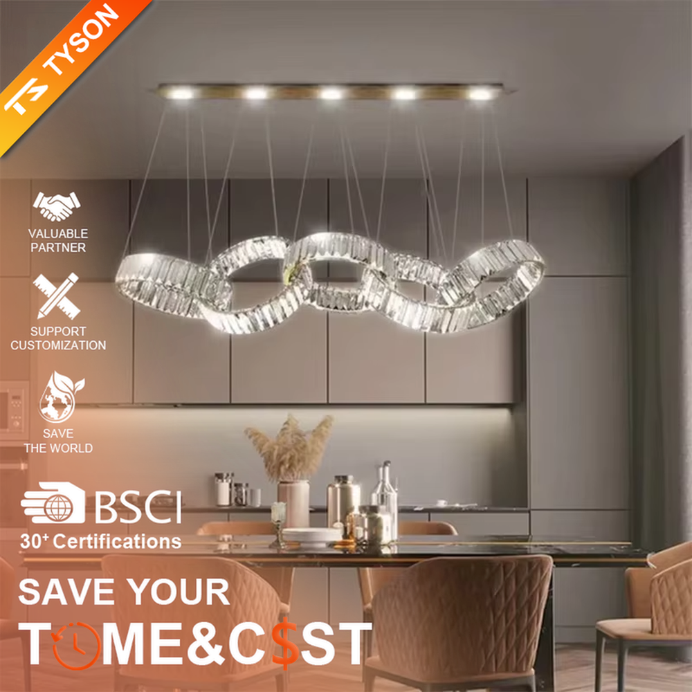 Modern light luxury chain-style ring crystal chandelier, composed of multiple transparent crystal rings connected into a flexible chain shape, paired with metal suspension rods and a long top base, combining decorative and lighting functions, suitable for dining rooms, living rooms, villas and other light luxury style spaces.