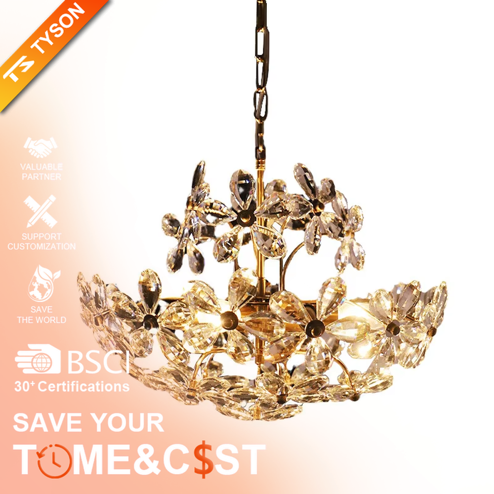A French light luxury style double-layer crystal petal chandelier, featuring a gold iron frame inlaid with K9 crystal petal decorations. It emits a brilliant and soft glow when lit, combining decorative appeal with practical illumination, ideal for creating a romantic and retro space atmosphere.