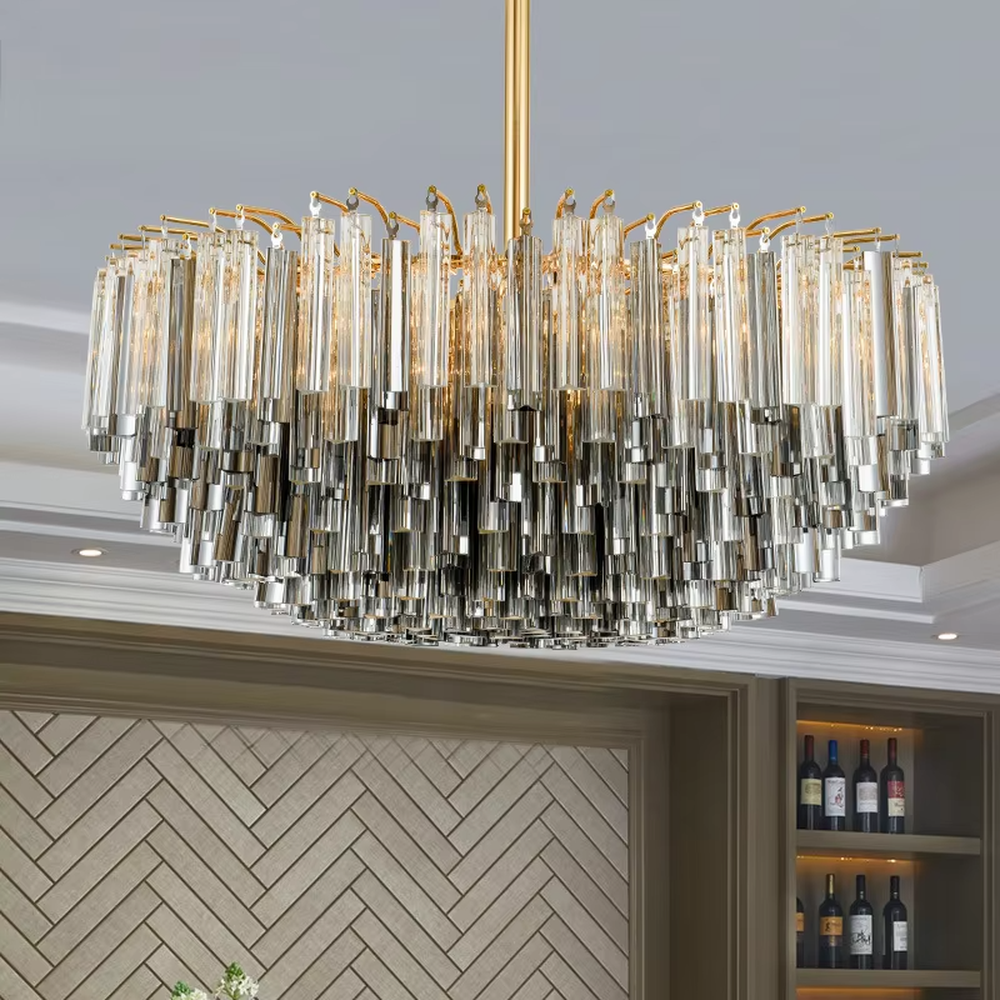 Modern Light Luxury Multi-layer Spherical Crystal Chandelier, Gold metal frame with layered transparent and black-gold crystal strips, serves both lighting and decorative purposes, ideal for living rooms, dining rooms, villas, hotel guest rooms and other light luxury spaces.