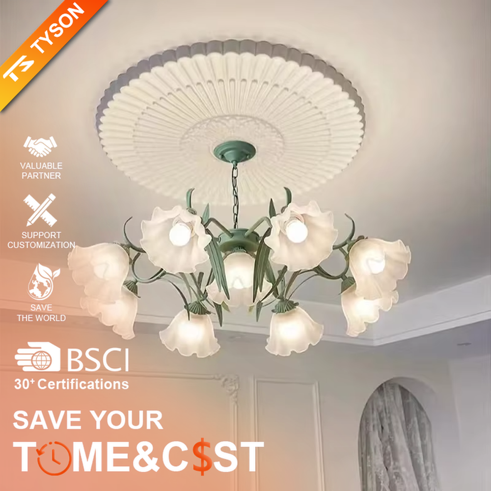 This French pastoral style flower chandelier features a green metal branch paired with white flower-shaped lampshades, with light refracting a soft halo through the frosted lampshades, serving both lighting and decorative purposes, suitable for warm and romantic spaces such as bedrooms and dining rooms.