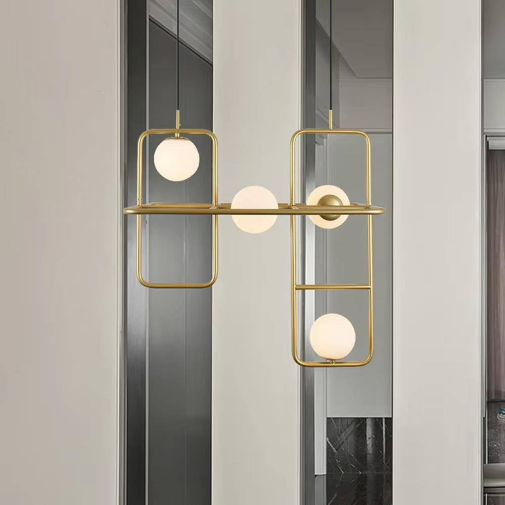 A modern minimalist style geometric line chandelier, featuring an asymmetric frame made of gold metal paired with milky white glowing spheres, combining decorative appeal with practical illumination, ideal for creating a minimalist and sophisticated space atmosphere.
