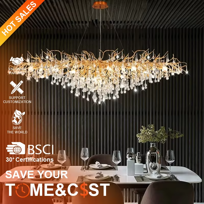 Modern light luxury branch-shaped crystal drop chandelier, with a gold bionic branch metal frame paired with cascading crystal drop pendants, emitting brilliant and luxurious light, combining artistic decorativeness and lighting function, suitable for core lighting and atmosphere creation in spaces such as living rooms, dining rooms, and villas.