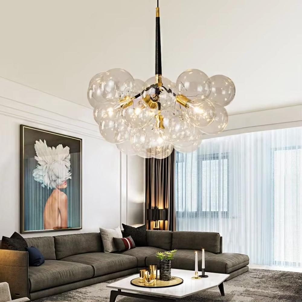 Modern light luxury bubble glass semi-flush mount ceiling light, with a golden base paired with transparent glass ball lampshades stacked into a cloud shape, featuring transparent and soft light, combining decorative and lighting functions, suitable for living rooms, bedrooms and other modern style spaces.