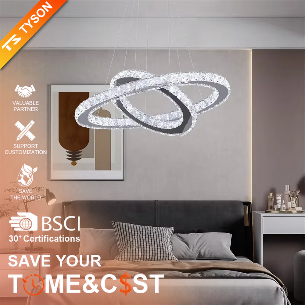 This is a modern light luxury style three-layer ring crystal chandelier, with a silver metal ceiling plate paired with glittering and transparent crystal rings, which has both lighting and decorative functions, suitable for living rooms, dining rooms, villa high-ceiling spaces, etc.