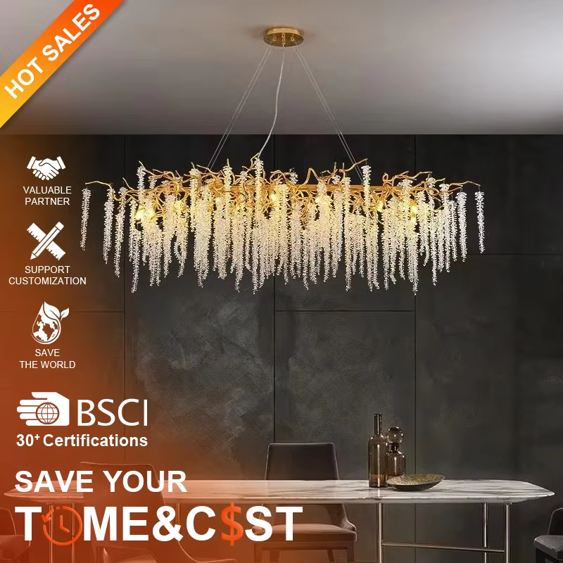 Modern light luxury long-strip vine-tassel crystal chandelier, with a gold branch-shaped metal frame paired with cascading crystal particles, emitting brilliant and soft light, combining artistic decorativeness and lighting function, suitable for core lighting and atmosphere creation in spaces such as dining rooms, bars, and light luxury living rooms.