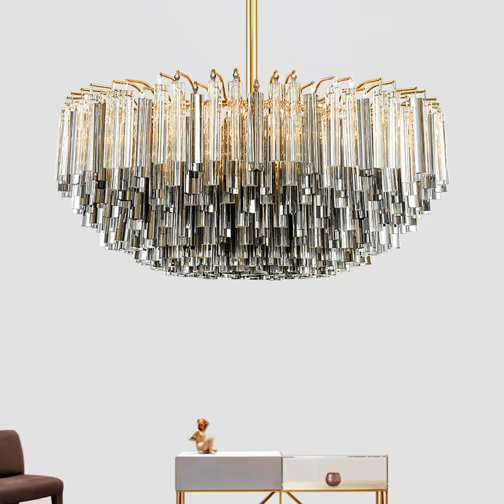 Modern Light Luxury Multi-layer Spherical Crystal Chandelier, Gold metal frame with layered transparent and black-gold crystal strips, serves both lighting and decorative purposes, ideal for living rooms, dining rooms, villas, hotel guest rooms and other light luxury spaces.