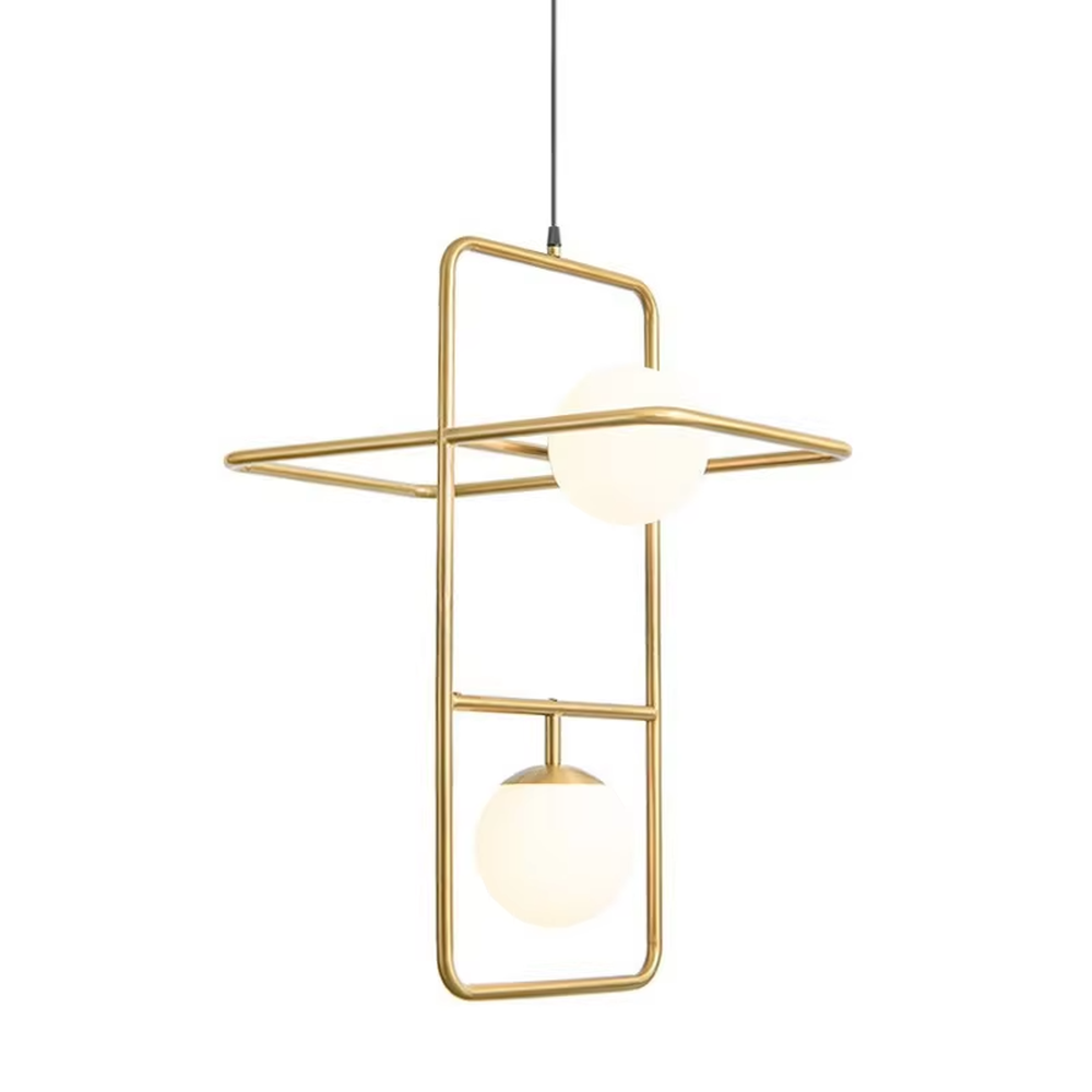 A modern minimalist style geometric line chandelier, featuring an asymmetric frame made of gold metal paired with milky white glowing spheres, combining decorative appeal with practical illumination, ideal for creating a minimalist and sophisticated space atmosphere.