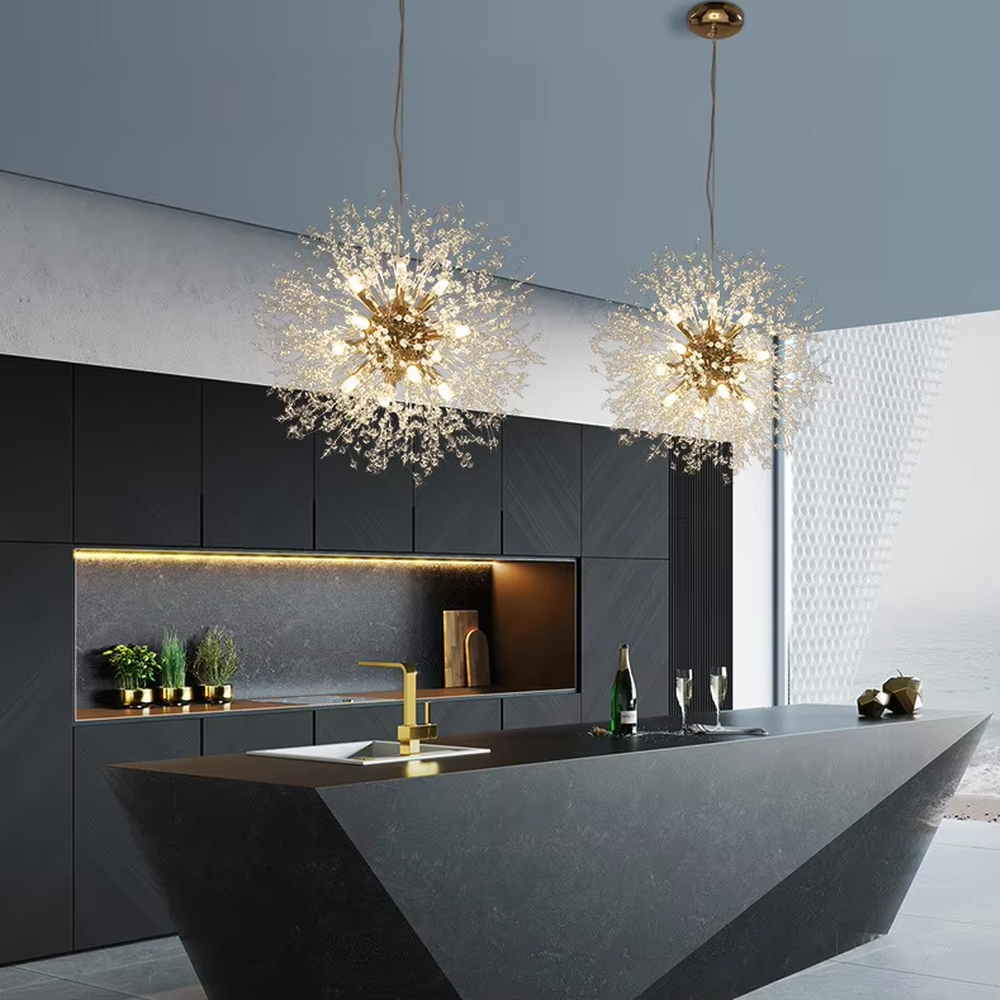 This is a modern light luxury dandelion firework-shaped chandelier, featuring a gold metal core paired with radial crystal branches, as brilliant and dynamic as a blooming firework. It emits soft and warm light, serving both lighting and artistic decoration purposes, suitable for light luxury dining rooms, open kitchen islands, bars, internet-famous homestays and other scenarios.