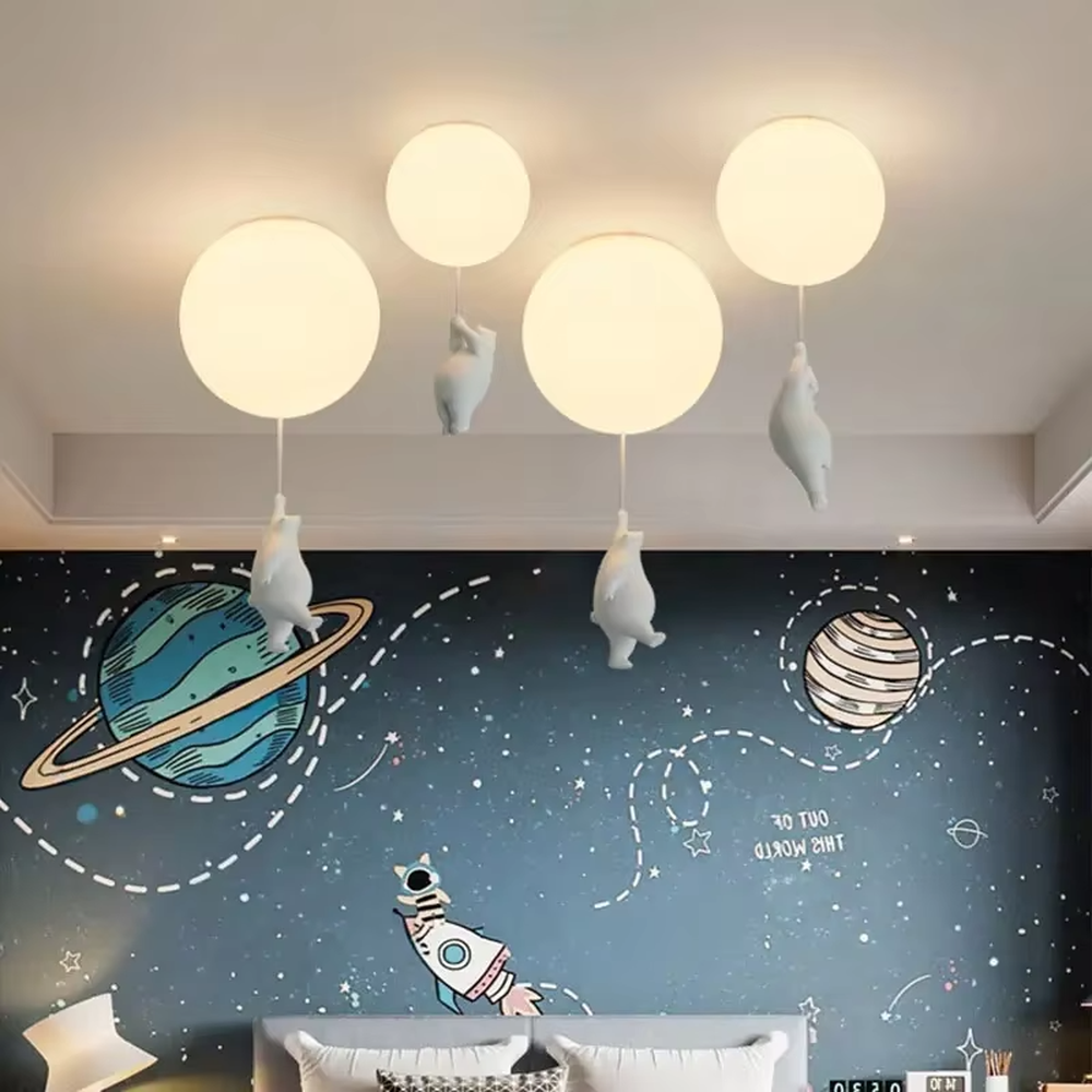 Playful balloon-shaped children's chandelier, with milky white glass ball lampshades and cute little duck pendants, featuring soft and warm light, combining decorative and lighting functions, suitable for children's rooms, parent-child bedrooms and other playful style spaces.