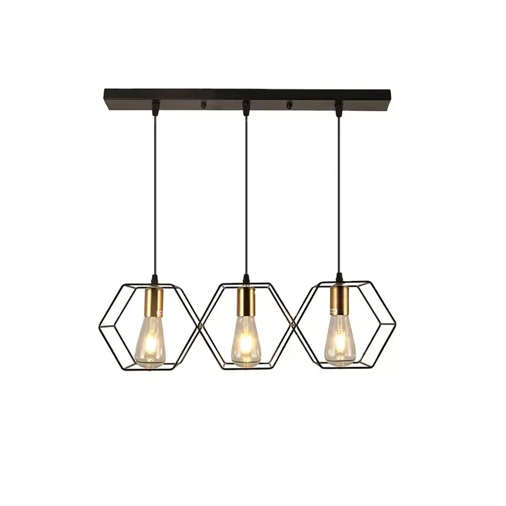 An industrial style 5-head linear chandelier, featuring geometric cage lampshades made of dark brown metal paired with vintage filament bulbs. Its linear arrangement combines decorative appeal with practical illumination, ideal for creating a bold and rugged space atmosphere.