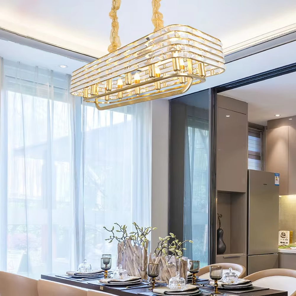 Modern Light Luxury Rectangular Layered Crystal Chandelier, Gold metal frame with multi-layer transparent crystal strips, serves both lighting and decorative purposes, ideal for dining rooms, living rooms, villas and other light luxury spaces.