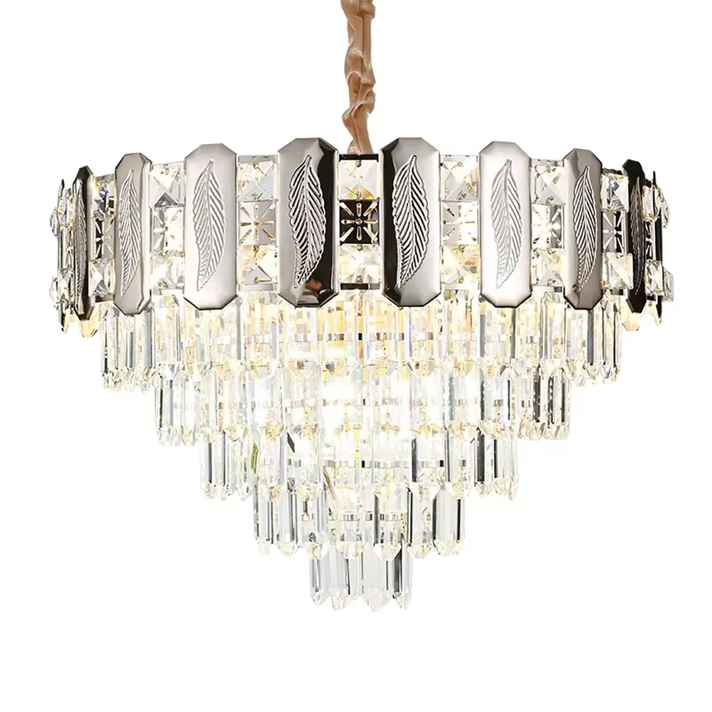 This is a light luxury cascading crystal chandelier, with a top metal frame inlaid with leaf-textured decorative panels and cut crystals, and densely cascading crystal strips hanging below, featuring brilliant and soft light, both decorative and lighting functions, ideal for high-end indoor spaces such as living rooms and dining rooms.