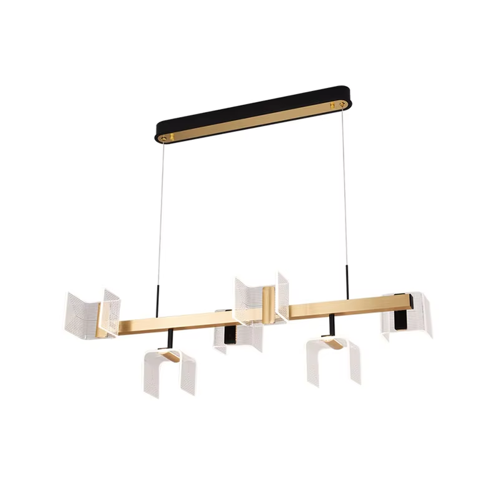 Modern light luxury geometric square chandelier, featuring a black and gold two-tone metal frame and acrylic glowing lampshades with gradient line textures, creating a layered visual effect. It is an artistic lighting fixture that combines decorative and functional lighting.