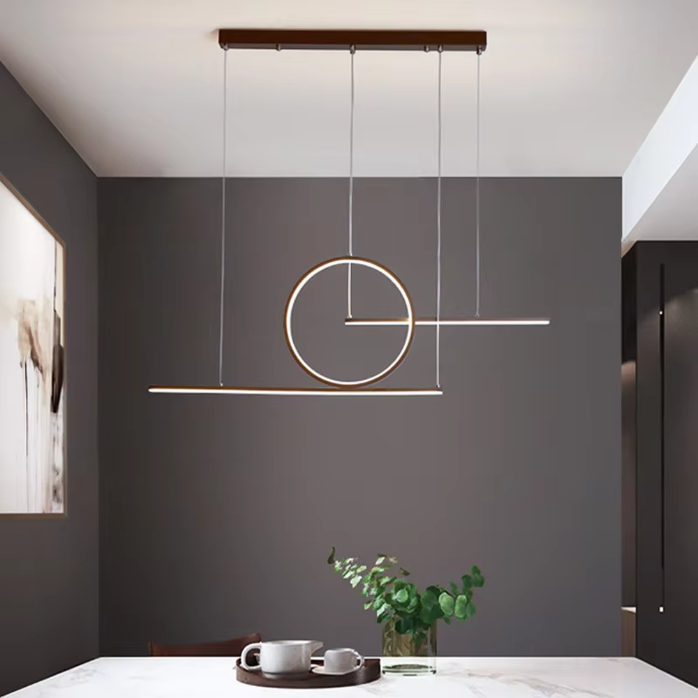 A modern minimalist and new Chinese style geometric linear chandelier, featuring a gold metal frame composed of a circle and two straight lines, with built-in LED strips. It emits a soft and uniform glow when lit, combining decorative appeal with practical illumination, ideal for creating a minimalist and Zen space atmosphere.
