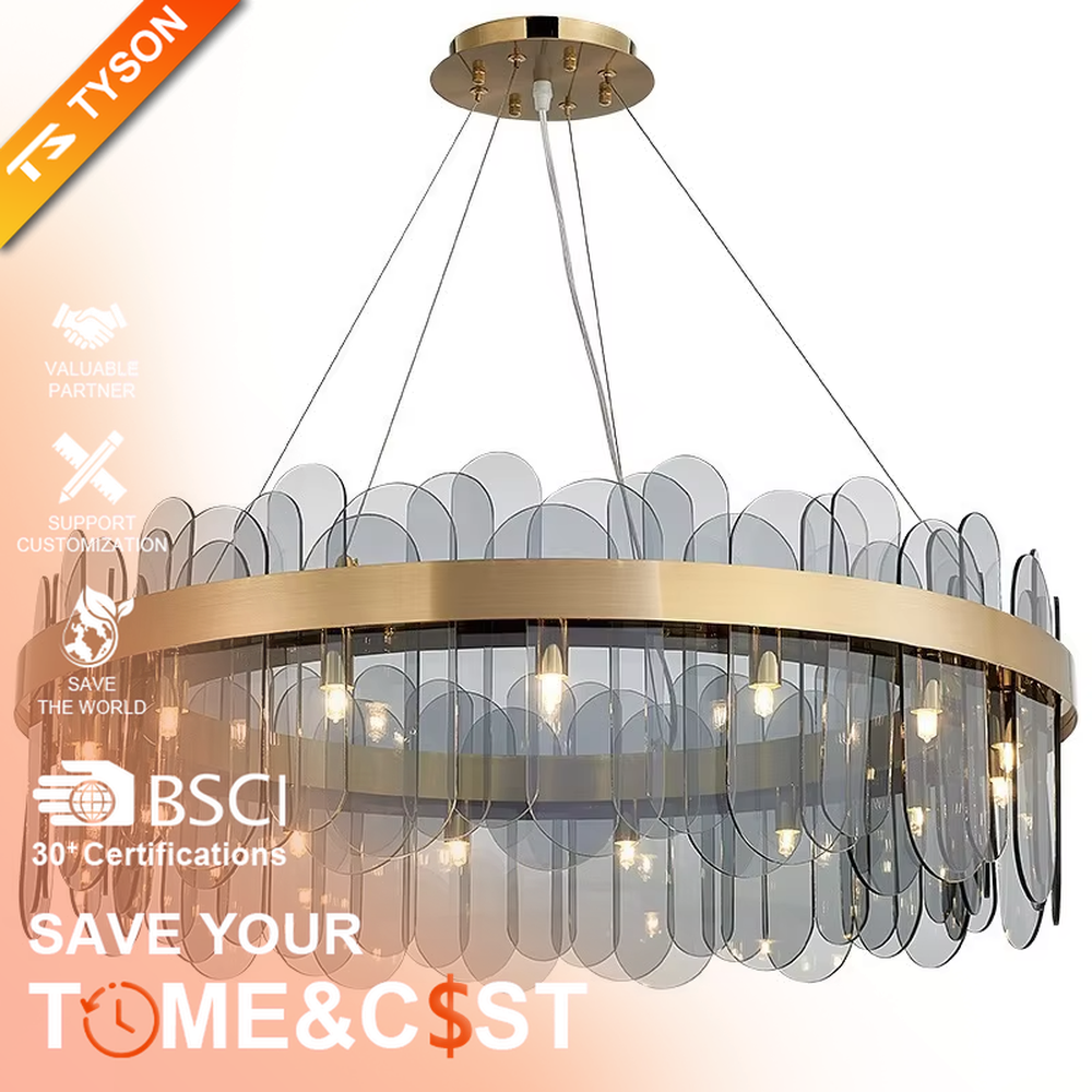 A modern light luxury style ring chandelier, featuring a gold metal frame paired with gradient transparent circular glass panels. It emits a soft and brilliant glow when lit, combining decorative appeal with practical illumination, ideal for creating an elegant and sophisticated space atmosphere.