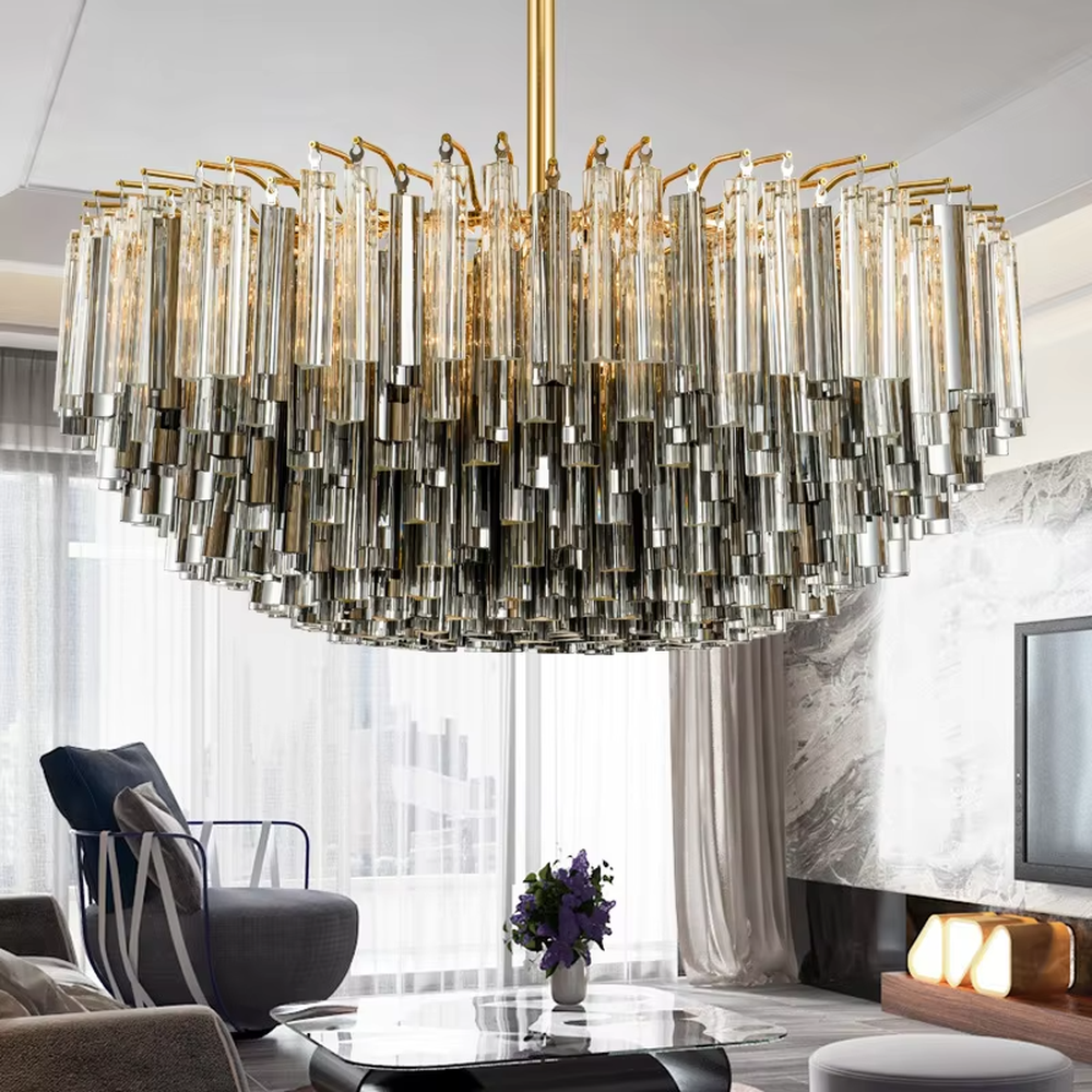 Modern Light Luxury Multi-layer Spherical Crystal Chandelier, Gold metal frame with layered transparent and black-gold crystal strips, serves both lighting and decorative purposes, ideal for living rooms, dining rooms, villas, hotel guest rooms and other light luxury spaces.