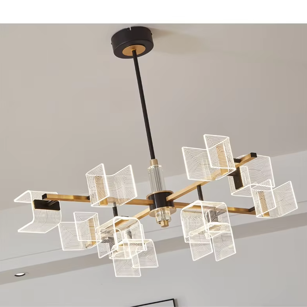 Modern light luxury geometric square chandelier, featuring a black and gold two-tone metal frame and acrylic glowing lampshades with gradient line textures, creating a layered visual effect. It is an artistic lighting fixture that combines decorative and functional lighting.