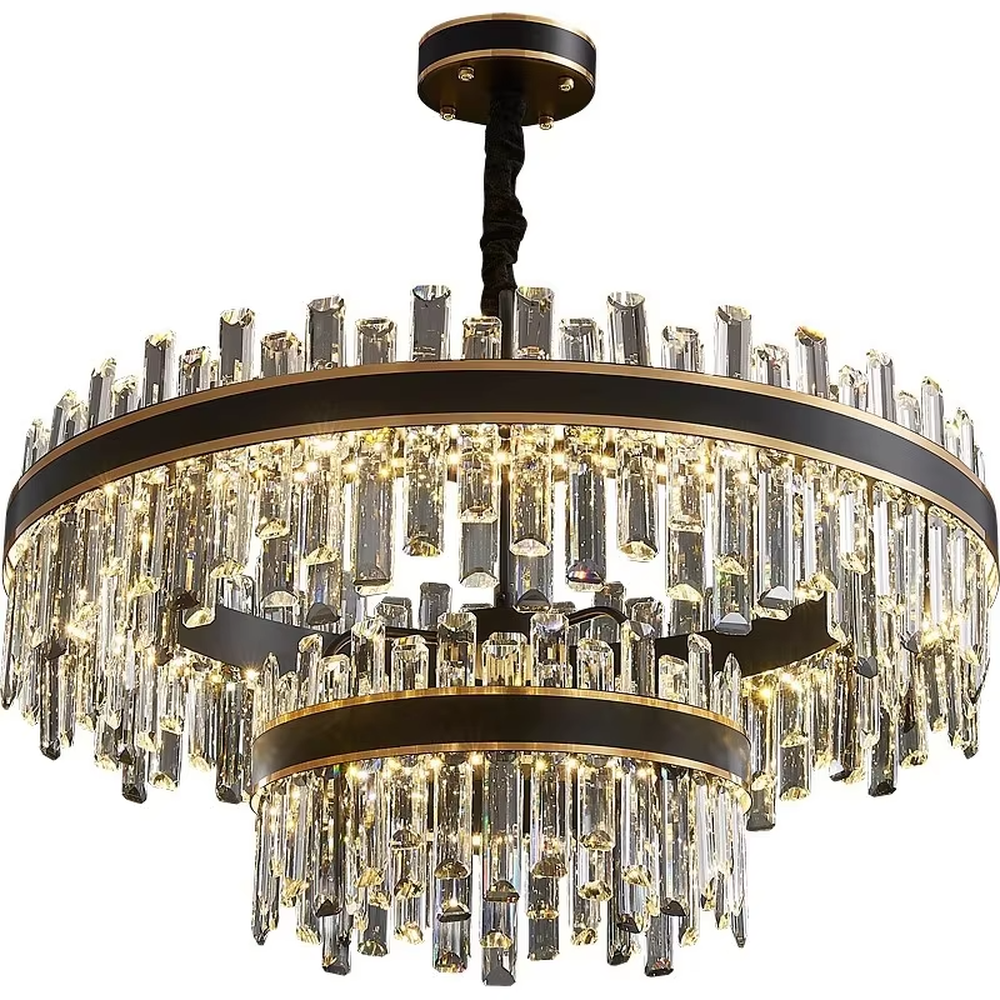 This light luxury black-gold double-layer round crystal chandelier features a black metal frame with crystal strips on the upper layer, and a gold frame with hanging faceted crystals on the lower layer. Light refracts through the crystals to emit a brilliant glow, serving both lighting and decorative purposes, suitable for modern light luxury spaces such as living rooms and dining rooms.
