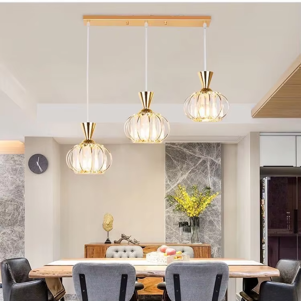 A modern industrial-style 3-head chandelier, featuring a staggered spherical cage frame made of black iron, paired with striped glass lampshades. It emits a soft and transparent glow when lit, combining decorative appeal with practical illumination, ideal for creating a bold and minimalist space atmosphere.