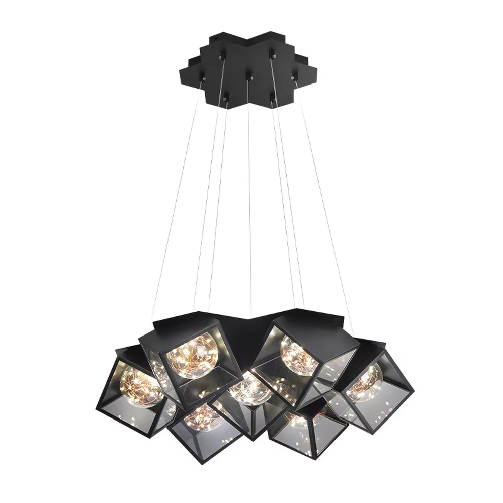A modern industrial style cluster chandelier, featuring a black metal geometric cube structure with mirrored transparent panels and vintage filament bulbs. Its staggered, interlocking design is highly distinctive, combining decorative appeal with practical illumination, ideal for creating a bold and avant-garde space atmosphere.