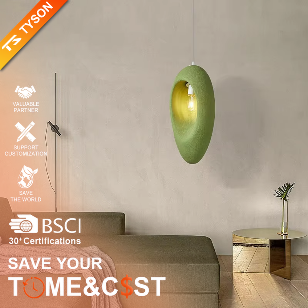 This is a modern wabi-sabi style pebble-shaped pendant lamp, made of frosted cement/resin material with a semi-embedded lighting design, available in colors like gray and green, which has both lighting and decorative functions, suitable for modern minimalist, wabi-sabi style bedrooms, entrances, cafes and other spaces.