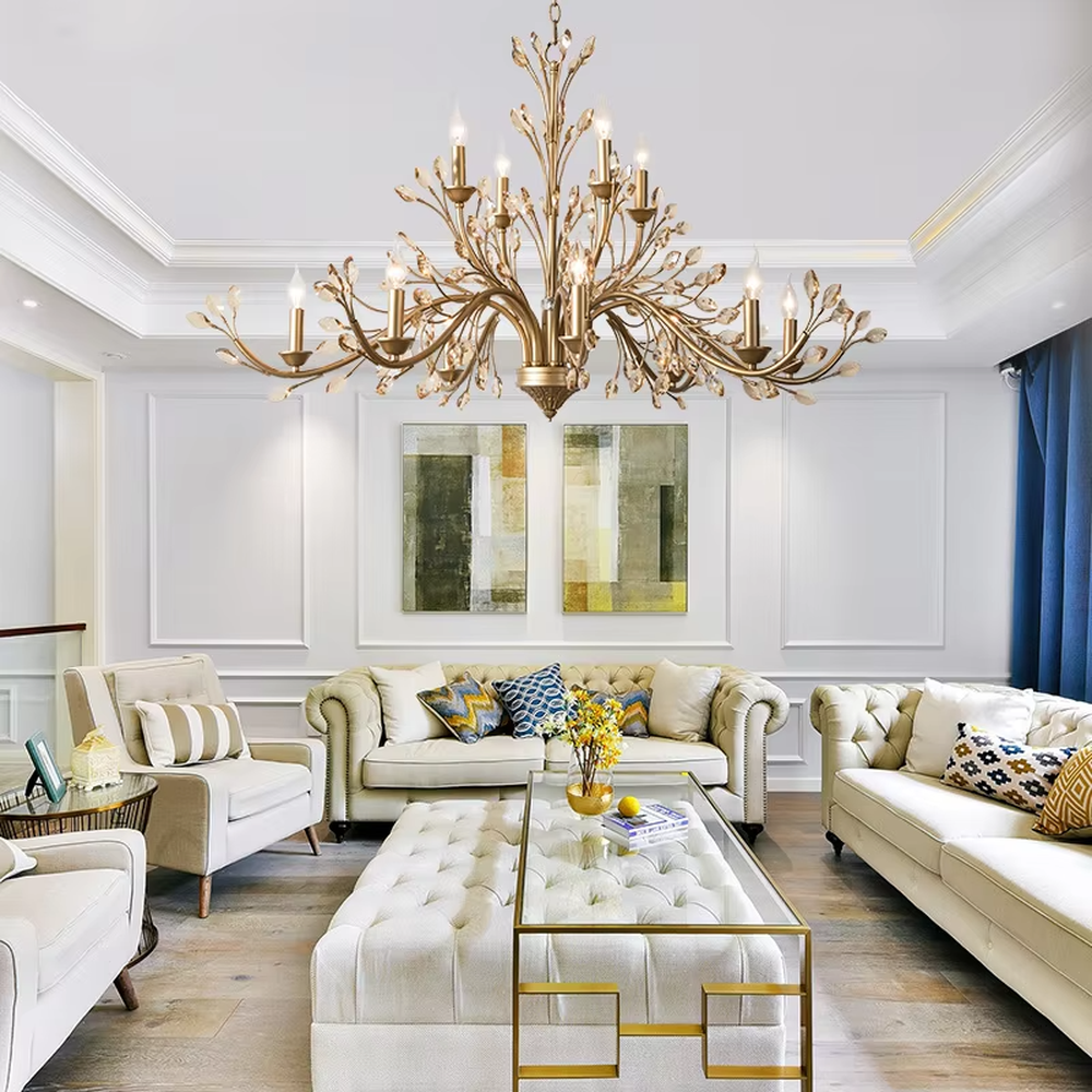 A double-layer retro light luxury style branch chandelier, featuring an extended double-layer branch structure made of dark brown metal, adorned with crystal particles and candle-shaped bulbs. It emits a brilliant yet soft glow when lit, combining decorative appeal with practical illumination, ideal for creating a romantic and elegant space atmosphere.